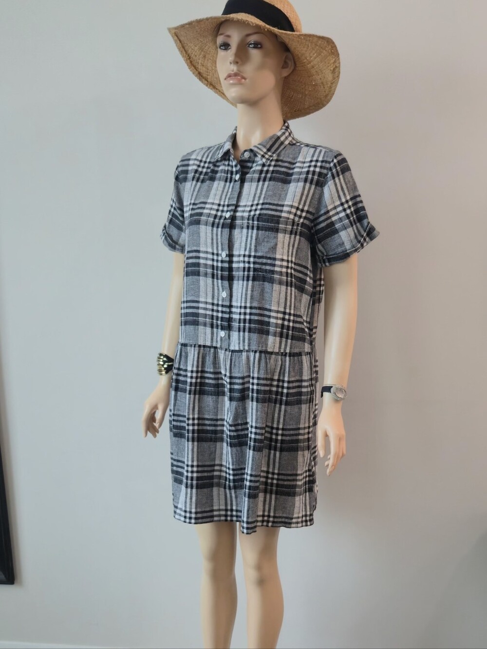 Roots Woman"s Linen/Cotton Black & White Plaid Button-Front Dress US S
